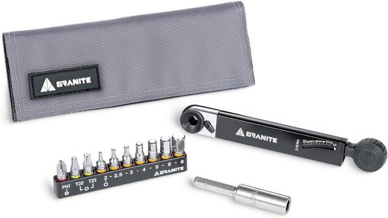 Granite Rocknroll TQ Torque Ratchet Bike Tool Kit, Bike Multitool Kit with 10 Tool Bits and Extension Rod, Portable Torque Ratchet Tool Kit for Mountain Bike, Road Bike and Gravel Bike (Grey) - Image 1